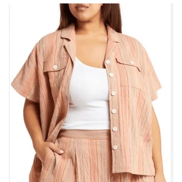 Madewell Women's Lined Button Down Camp Shirt in Orange combo - Picture 1 of 7